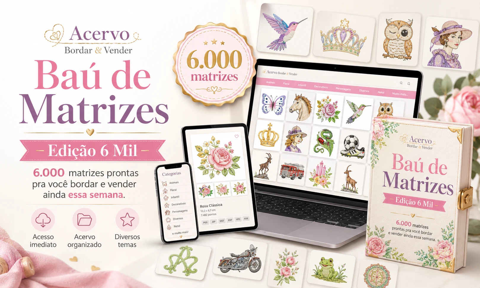Mockup Baú de Matrizes — Edição 6 Mil, acesso pelo celular, tablet, notebook e capa do produto